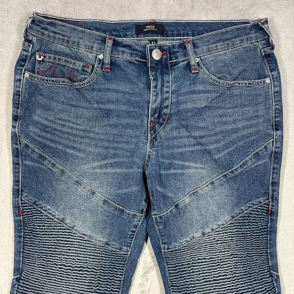 True Religion Rocco Moto Jeans Mens 32(34) Blue Relaxed Skinny Ribbed‎ Knee